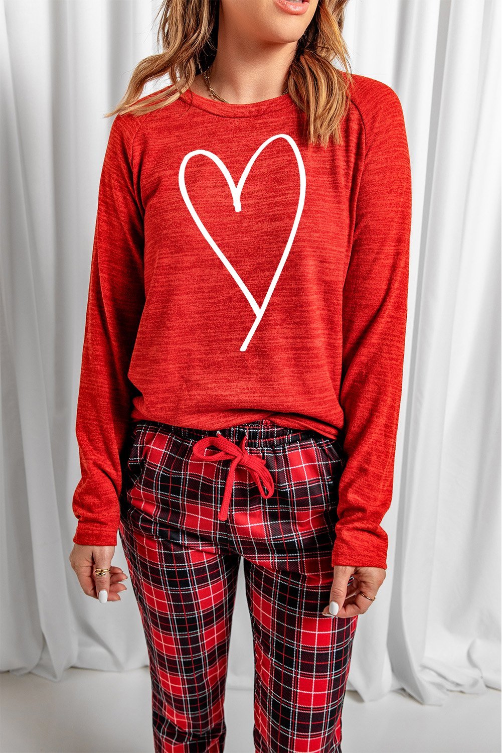 Red Heart Print Plaid Lounge Set featuring a cozy full sleeve top and matching plaid pants, perfect for winter lounging.