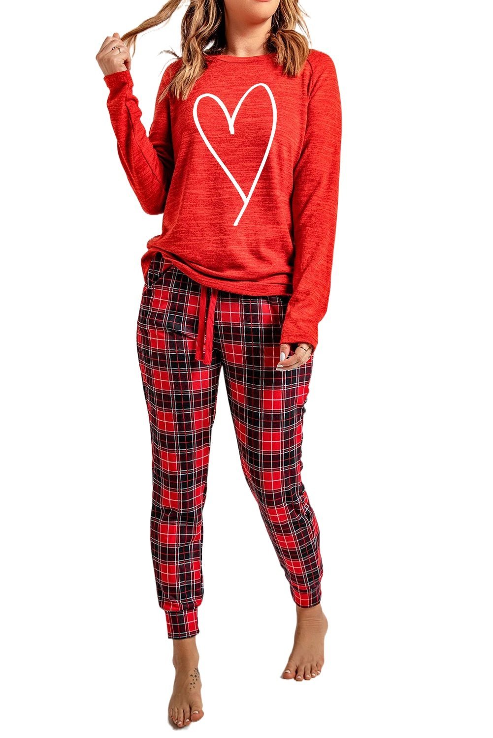 Red Heart Print Plaid Lounge Set featuring a cozy full sleeve top and matching plaid pants, perfect for winter lounging.