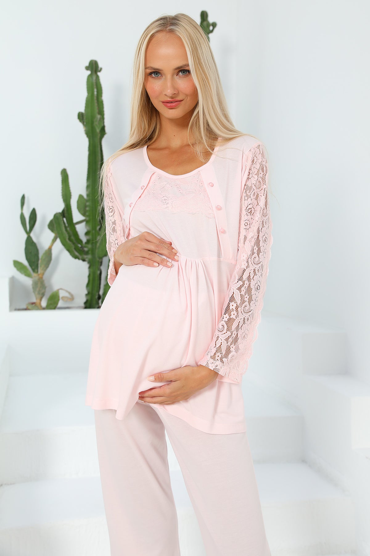 Shopymommy 55303 Elegance Lace Sleeves Maternity Pajamas featuring soft lace sleeves and adjustable waistband, perfect for nursing and comfort.