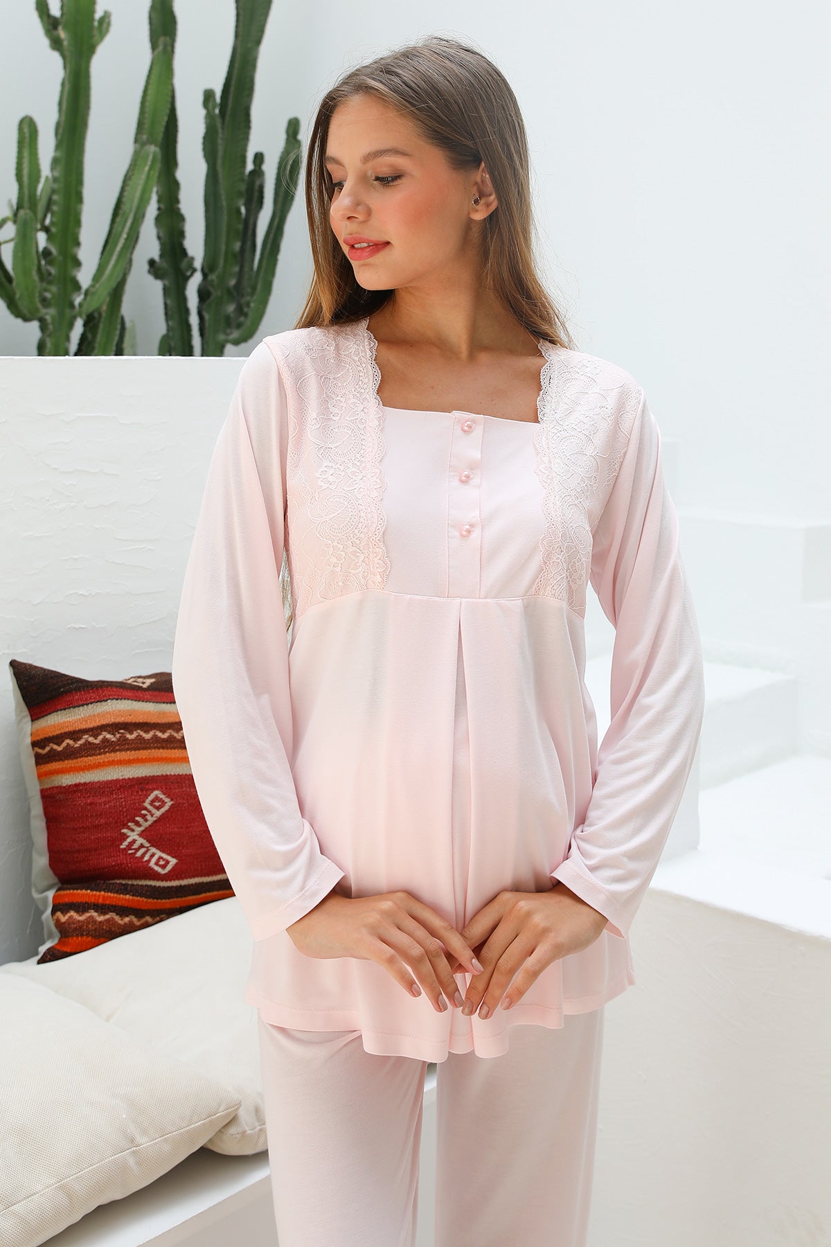 Shopymommy 55706 Lotus Lace 3-Pieces Maternity & Nursing Pajamas set featuring a soft robe and pajama bottoms, designed for comfort and breastfeeding ease.