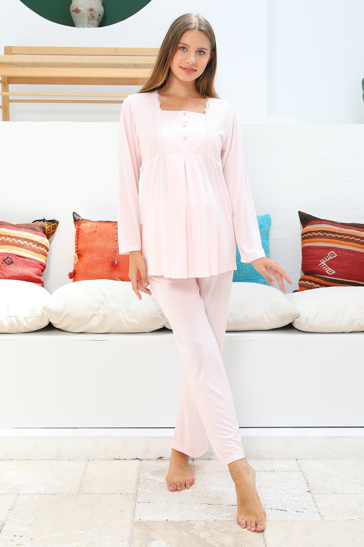 Shopymommy 55706 Lotus Lace 3-Pieces Maternity & Nursing Pajamas set featuring a soft robe and pajama bottoms, designed for comfort and breastfeeding ease.