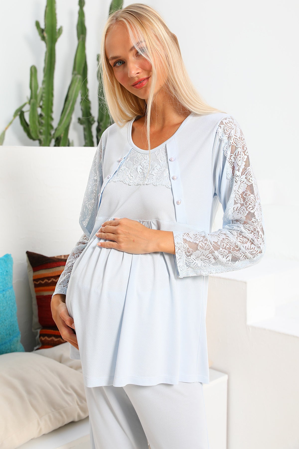 Shopymommy 703103 Elegance Welsoft Lace Sleeves maternity set featuring a robe, pajamas, and nightgown in soft cotton fabric.