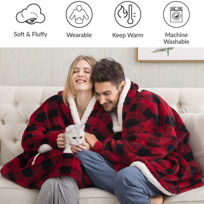 A cozy Winter Warm Fleece Wearable Hooded Blanket in a soft plaid design, featuring an extra-large hood and a roomy pocket, perfect for lounging.