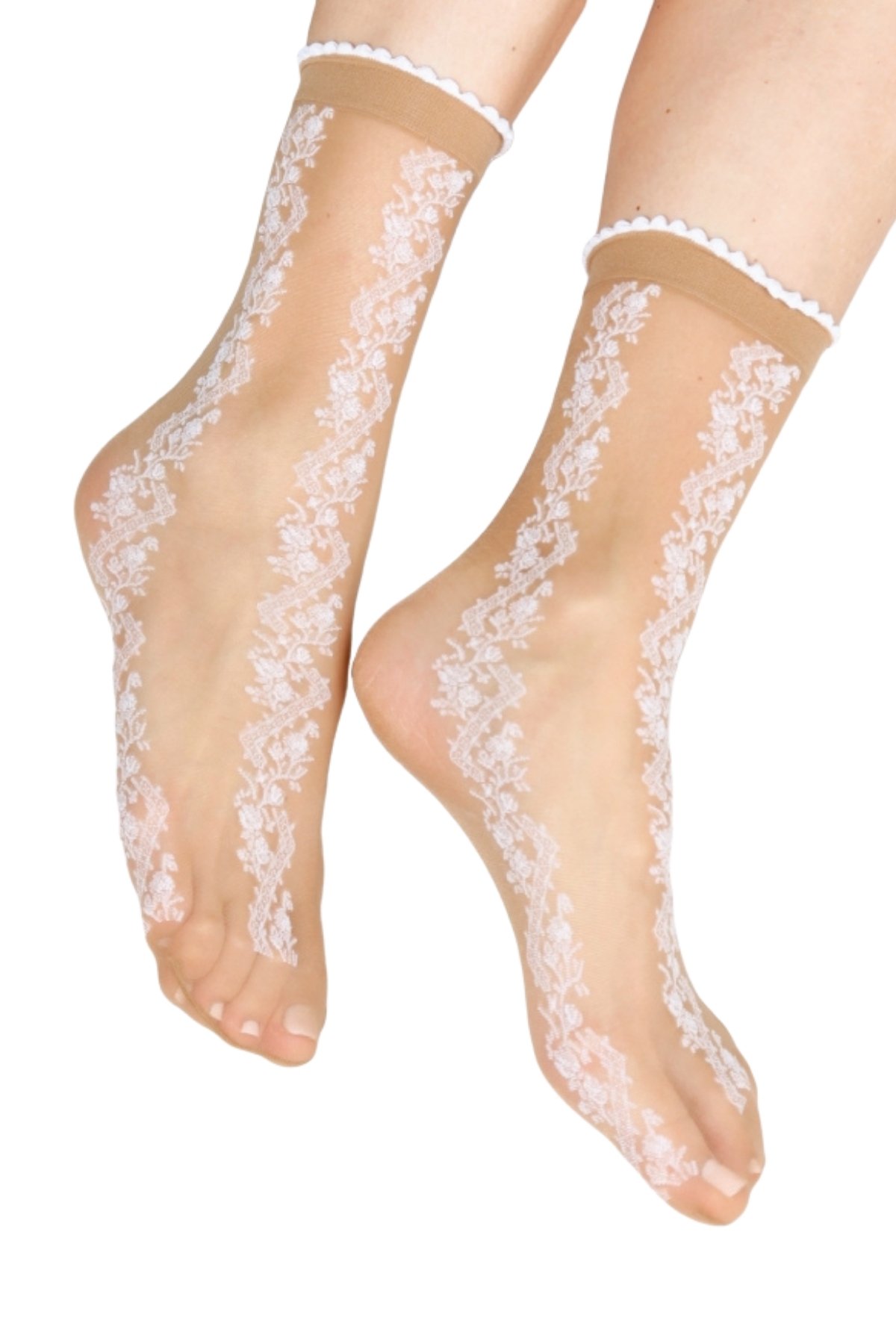 A pair of ADELE 20DEN sheer beige socks with a stylish pattern, showcasing their elegant design and soft texture.