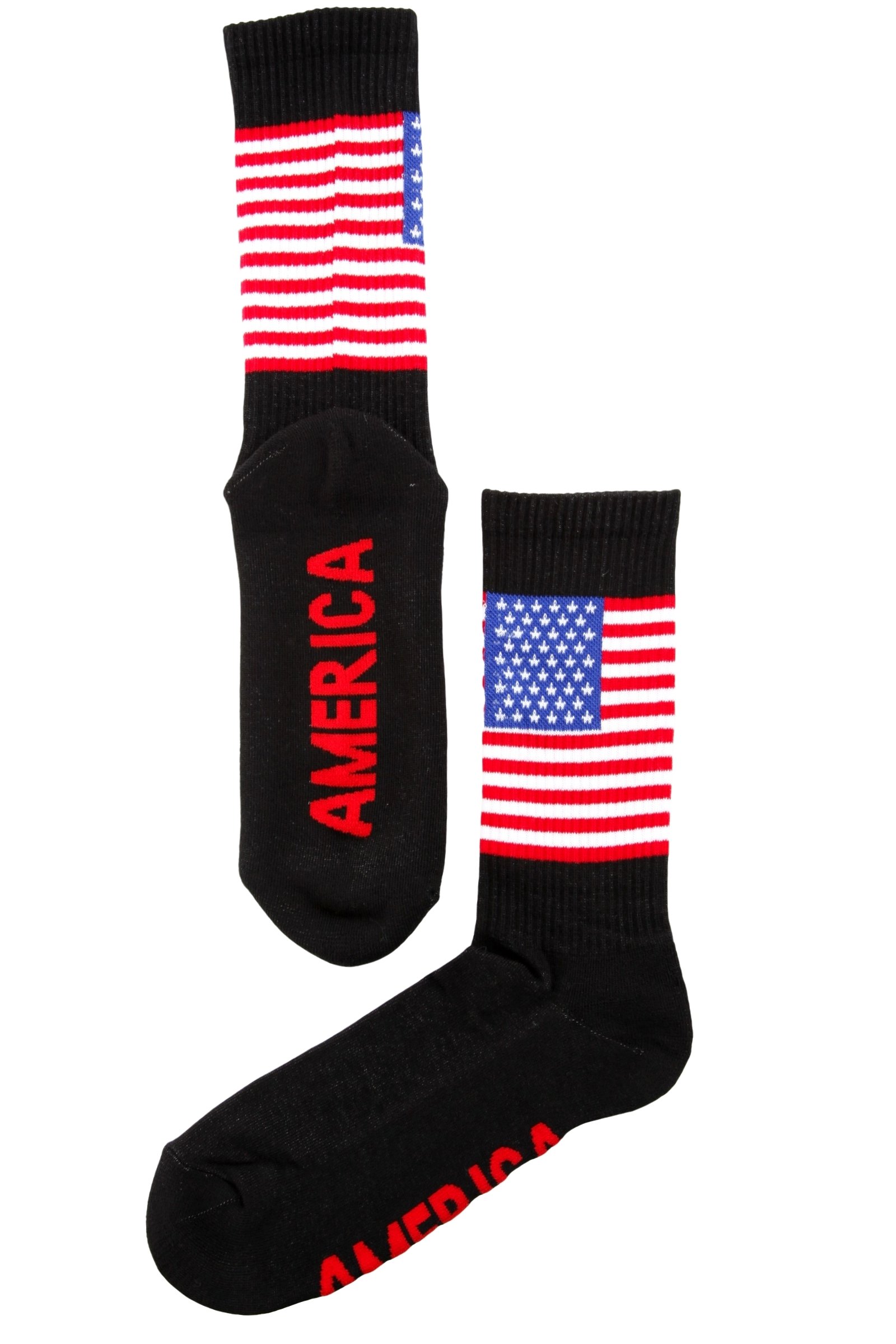 A pair of black cotton socks featuring the American flag design and the word 'AMERICA' on the sole, suitable for men and women.