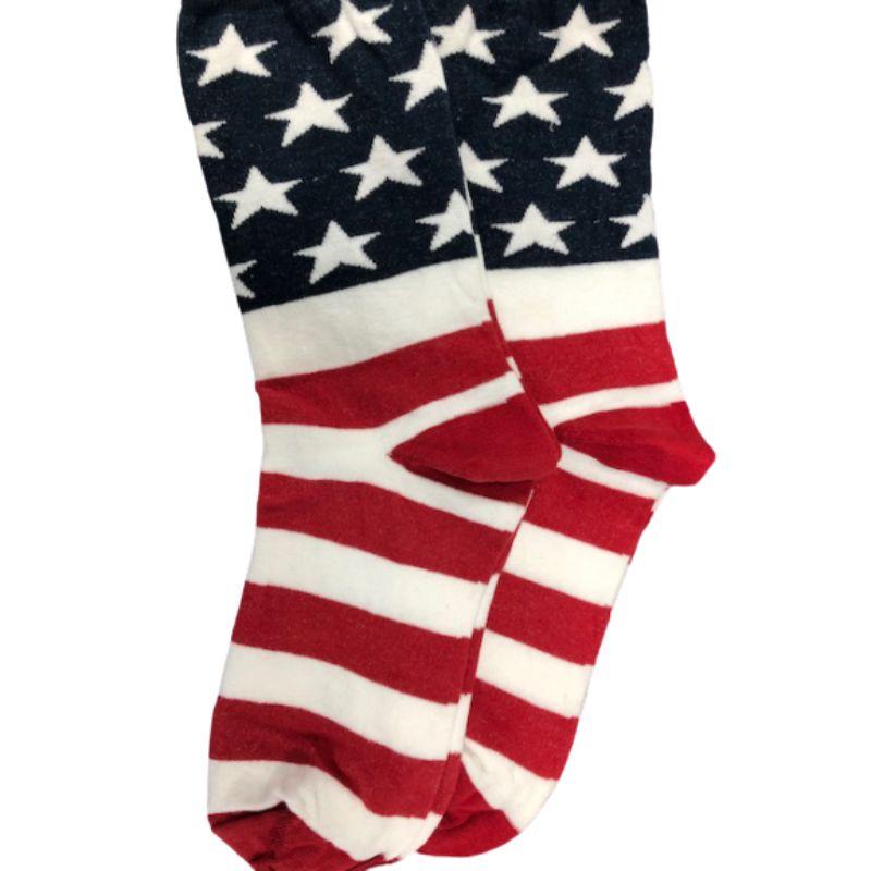 A pair of American Flag Patriotic Socks featuring vibrant red, white, and blue colors with stars and stripes, made from premium quality cotton.