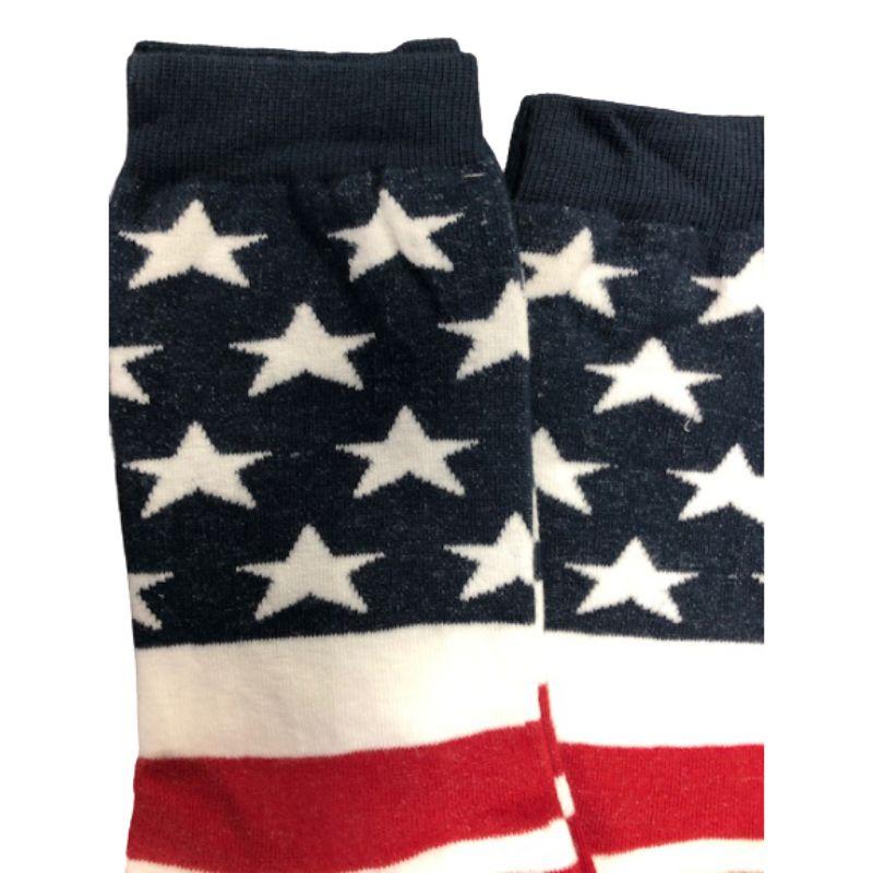 A pair of American Flag Patriotic Socks featuring vibrant red, white, and blue colors with stars and stripes, made from premium quality cotton.