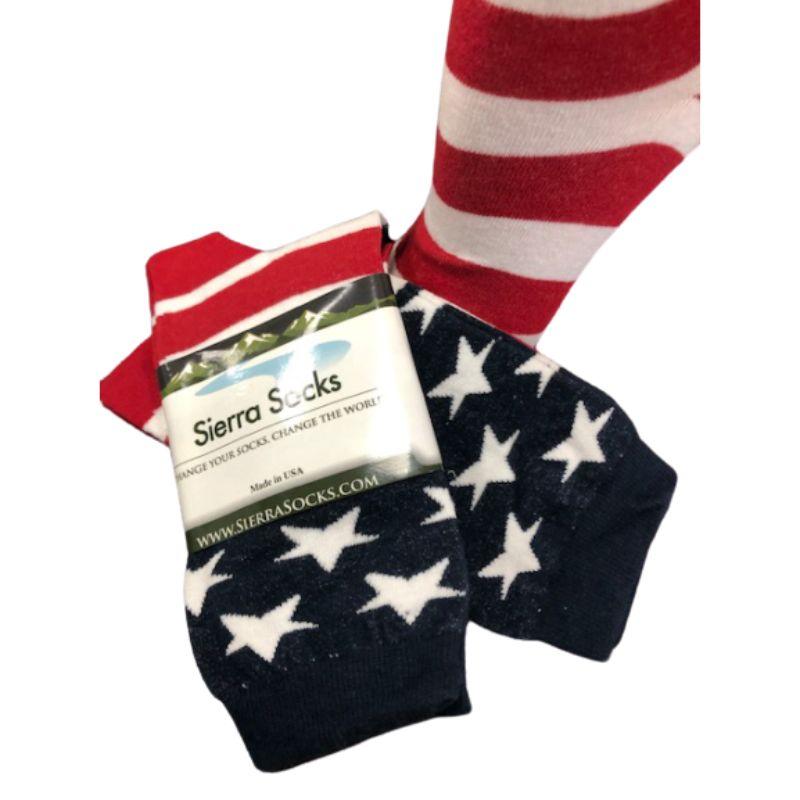 A pair of American Flag Patriotic Socks featuring vibrant red, white, and blue colors with stars and stripes, made from premium quality cotton.