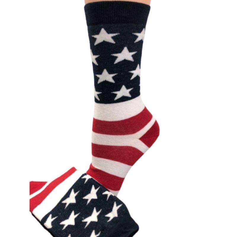 A pair of American Flag Patriotic Socks featuring vibrant red, white, and blue colors with stars and stripes, made from premium quality cotton.