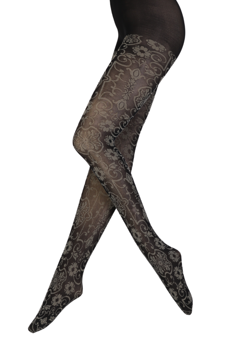 A pair of AMINA tights featuring a delicate floral pattern on a black background, showcasing elegance and femininity.