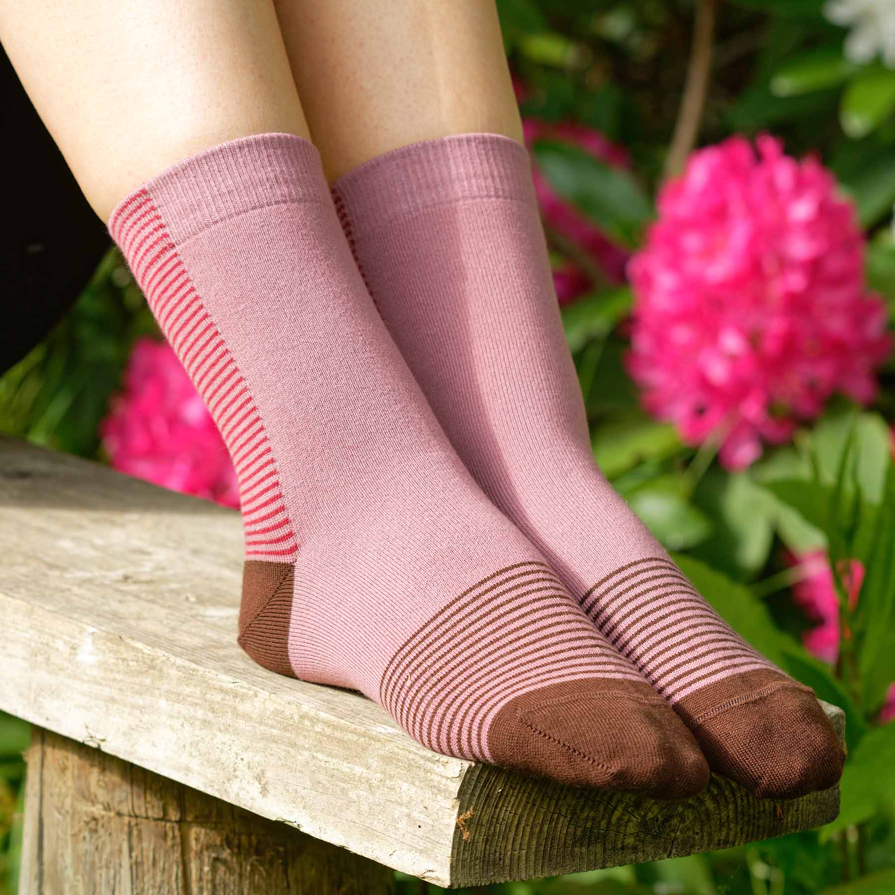 Anne Women's Socks in Berry featuring pastel pink and red stripes, made from luxurious Supima cotton.