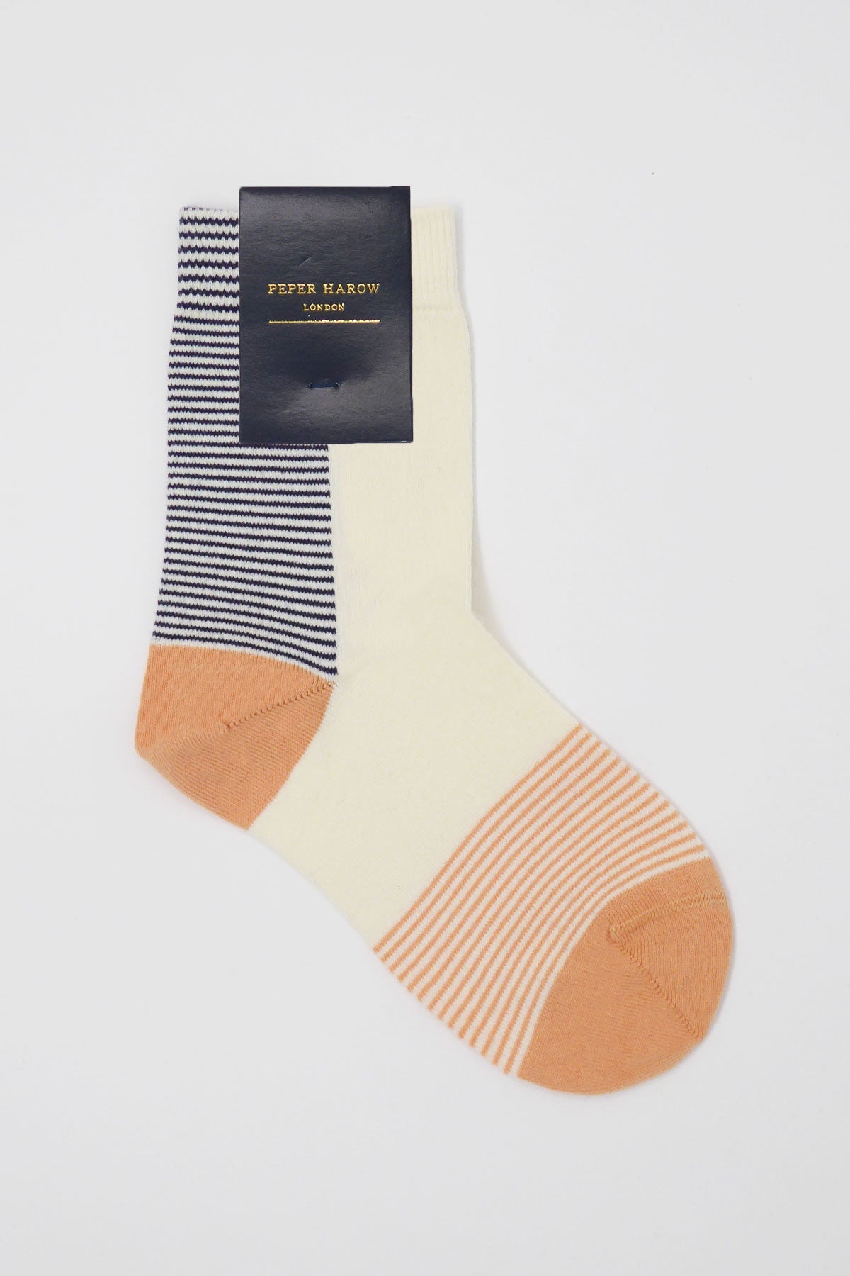 Anne Women's Socks in Honey color with navy stripes, showcasing luxurious Supima cotton and seamless toe design.