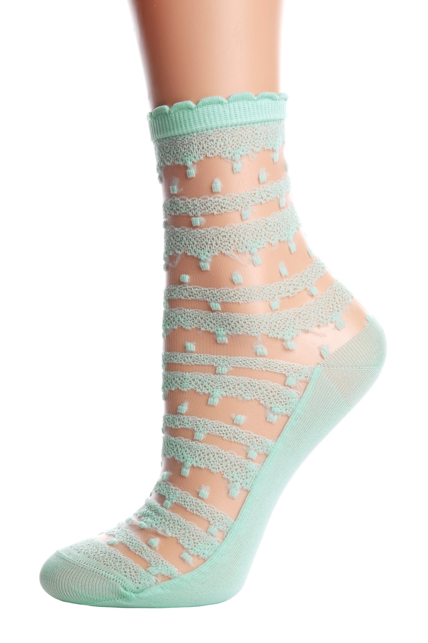 ANTONINA sheer light green socks for women featuring an elegant lacy pattern, made from 100% polyamide, perfect for stylish outfits.