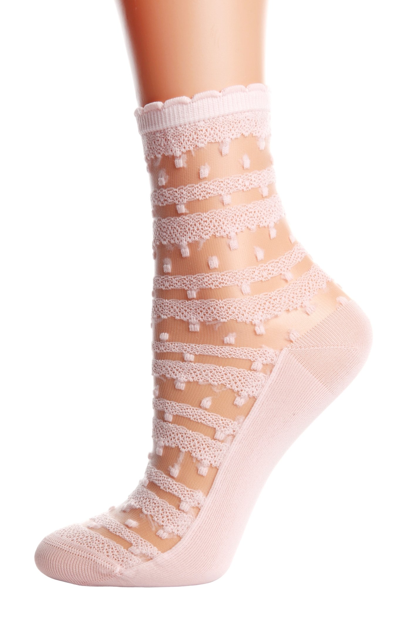 Elegant sheer light pink socks for women with a lacy pattern, made from 100% polyamide, perfect for stylish outfits.