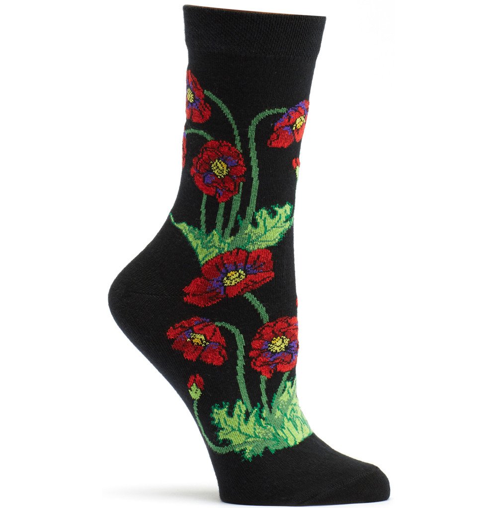 A pair of Apothecary Florals Poppies Socks featuring a vibrant blood-red color, made from a blend of cotton, nylon, and spandex, showcasing a seamless design.