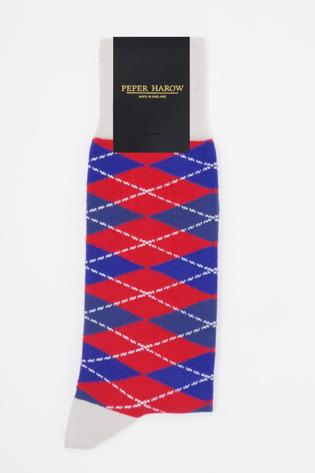 Argyle Men's Socks in Crimson featuring a vibrant red and blue pattern with grey cuff, heel, and toe, made from luxurious Supima cotton.