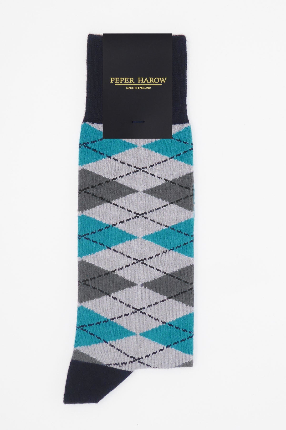 A pair of Argyle men's socks in grey and blue with black heel, cuff, and toe, showcasing a modern twist on a classic design.