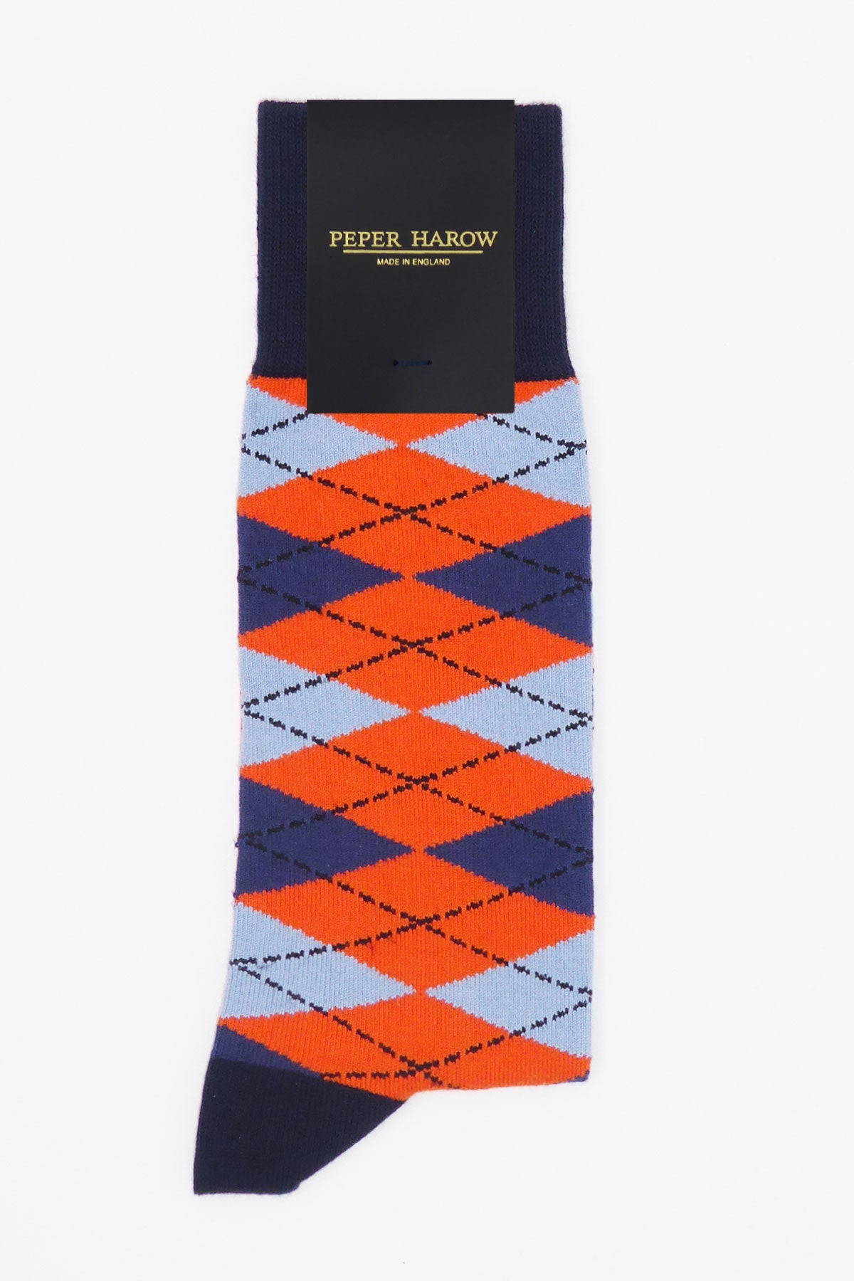 A pair of Argyle men's socks in vibrant orange and blue with navy cuff, heel, and toe, showcasing a stylish and modern design.