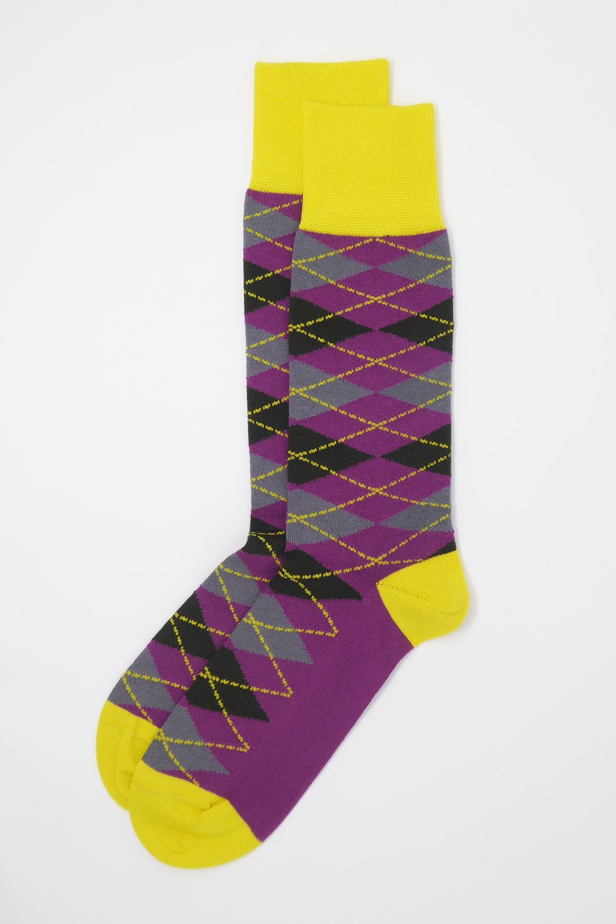 A pair of vibrant Sunshine Argyle men's socks featuring purple, green, and grey patterns with a bright yellow heel, cuff, and toe.