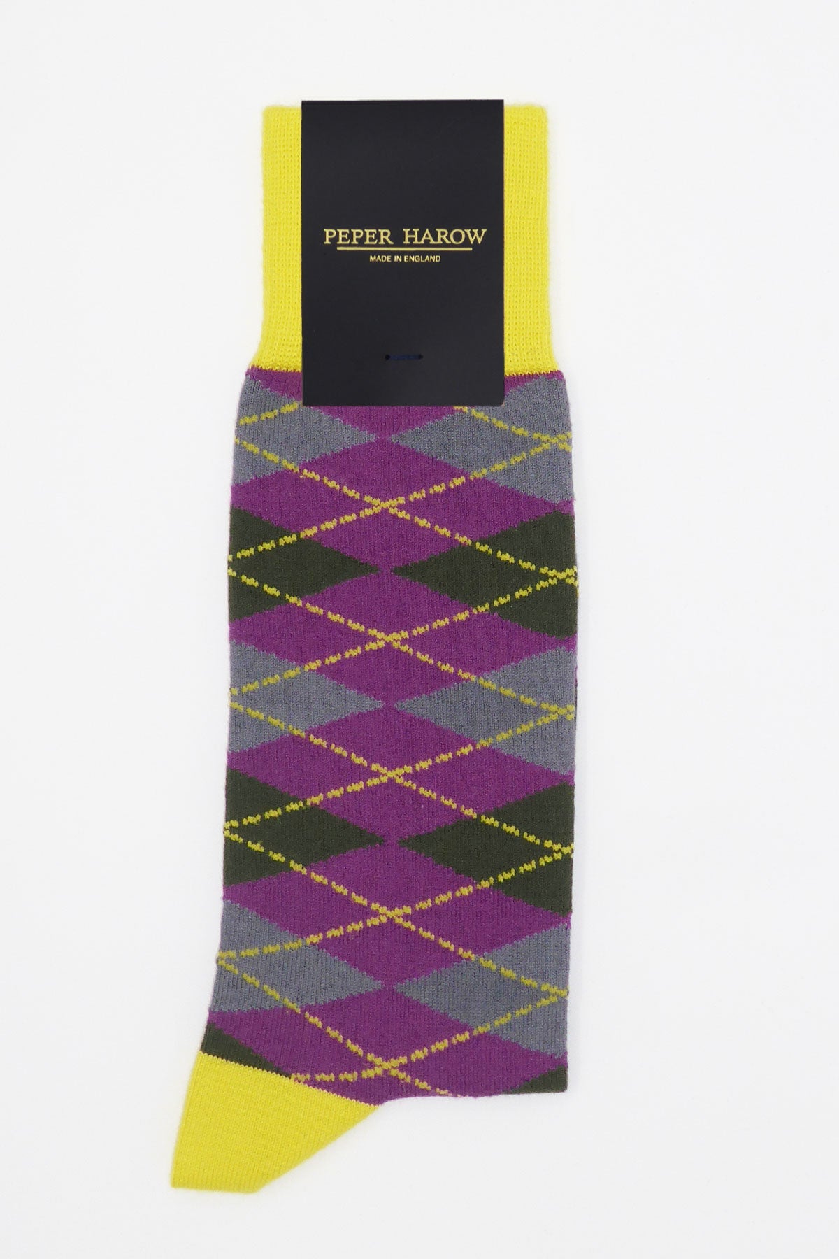 A pair of vibrant Sunshine Argyle men's socks featuring purple, green, and grey patterns with a bright yellow heel, cuff, and toe.