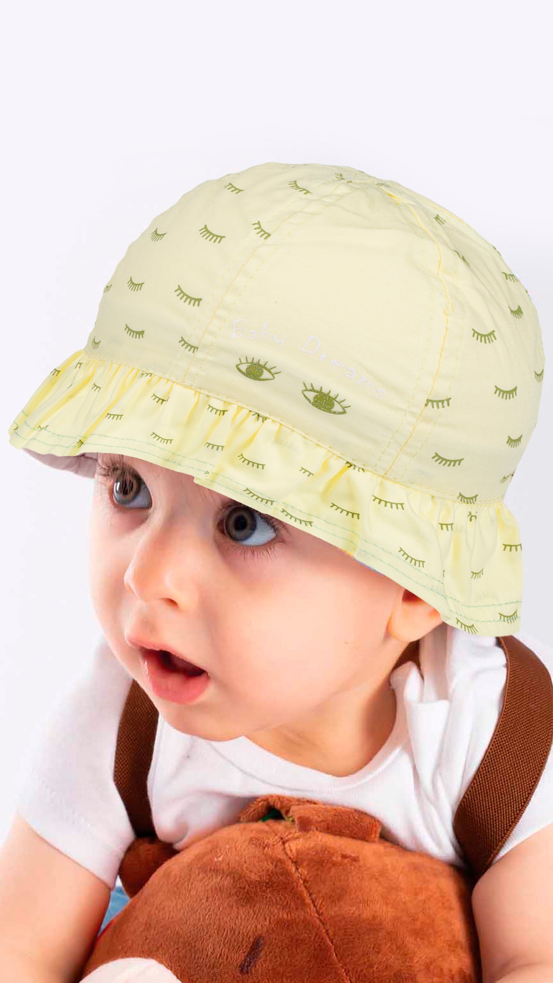 Baby Dreams Infant Girl Maxi Hat in yellow, made from soft and sustainable materials, designed for infants aged 0-18 months.