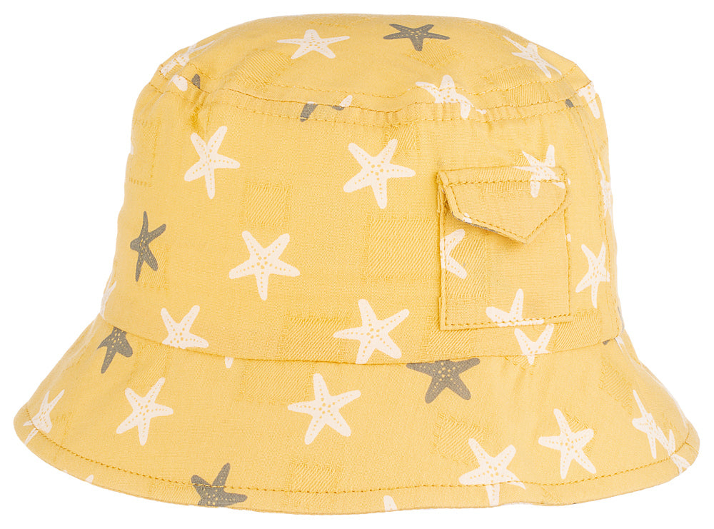 Sierra baby and toddler bucket hat in blue with a star print, made from soft cotton and polyester, designed for ages 1-3 years.