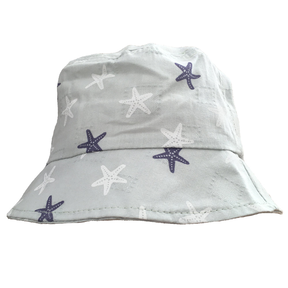 Sierra baby and toddler bucket hat in blue with a star print, made from soft cotton and polyester, designed for ages 1-3 years.