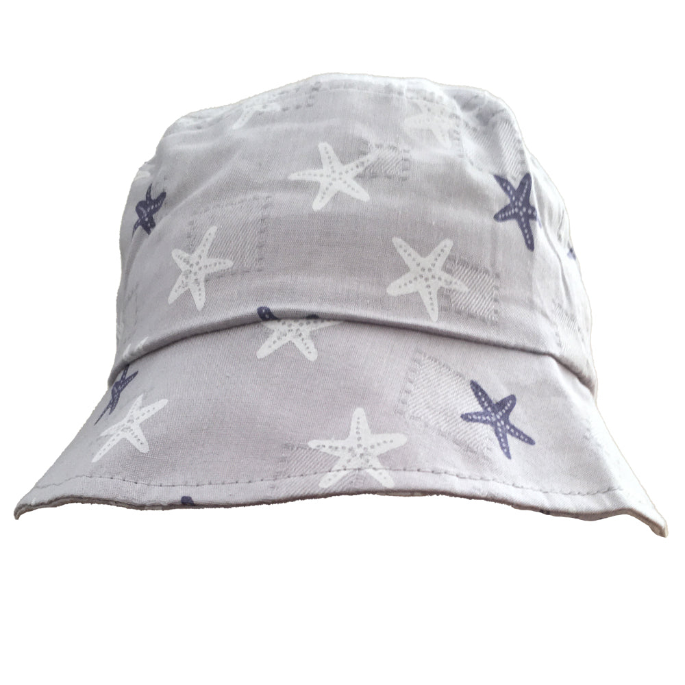 Sierra baby and toddler bucket hat in blue with a star print, made from soft cotton and polyester, designed for ages 1-3 years.