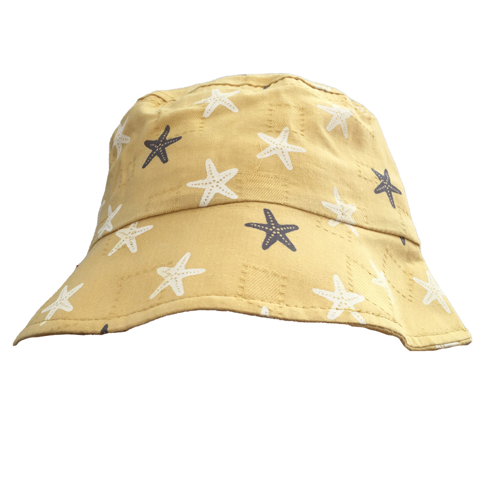 Sierra baby and toddler bucket hat in blue with a star print, made from soft cotton and polyester, designed for ages 1-3 years.