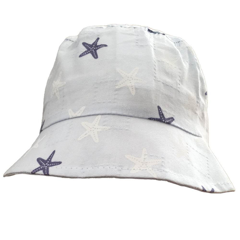 Sierra baby and toddler bucket hat in blue with a star print, made from soft cotton and polyester, designed for ages 1-3 years.