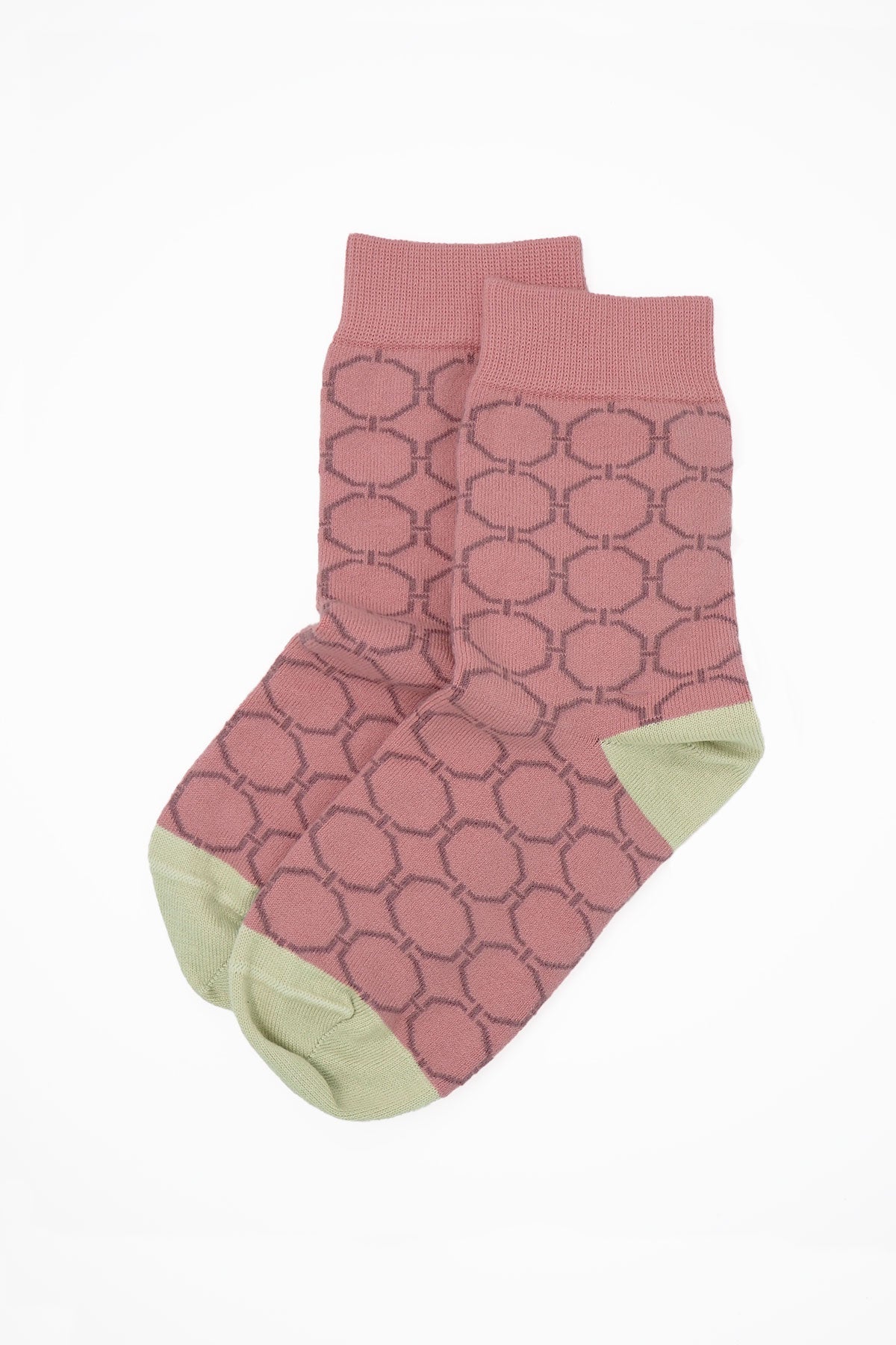 Pink Beehive Women's Socks featuring a unique beehive pattern in purple with cream heel and toe, made from luxurious Supima cotton.