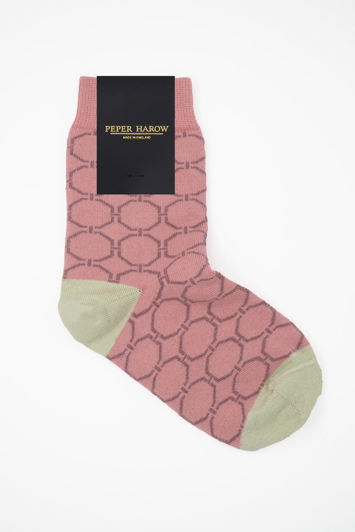 Pink Beehive Women's Socks featuring a unique beehive pattern in purple with cream heel and toe, made from luxurious Supima cotton.