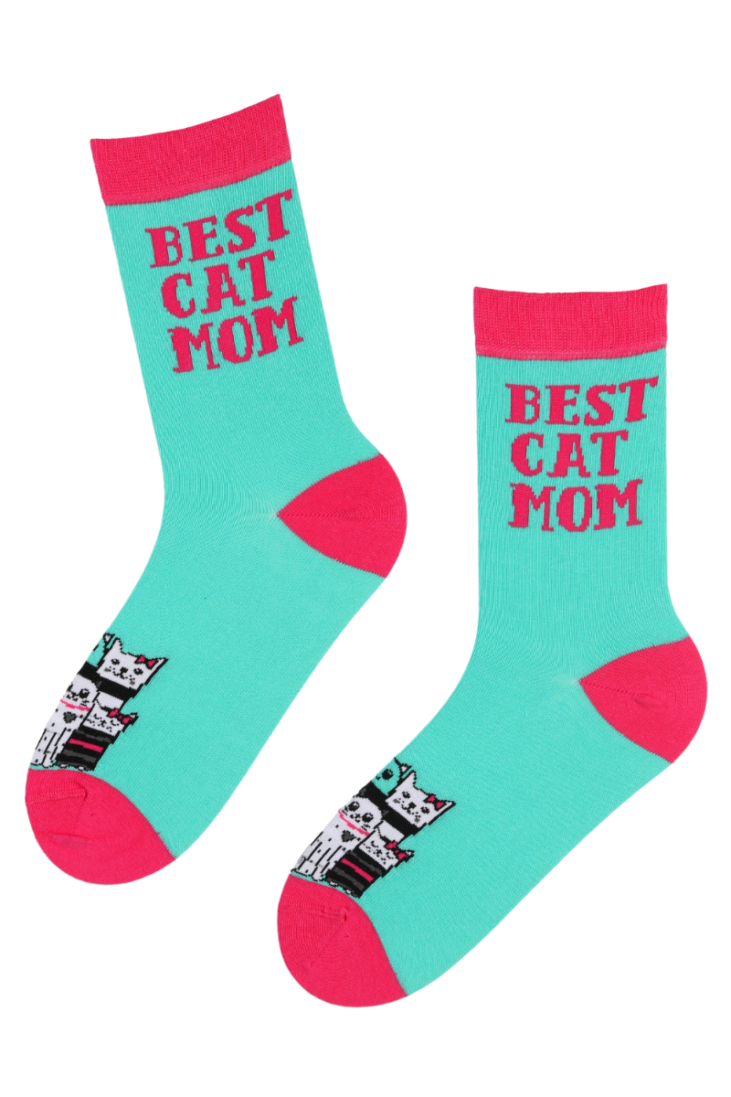 BEST CAT MOM cotton socks featuring colorful kitties and pink lettering on a green background.