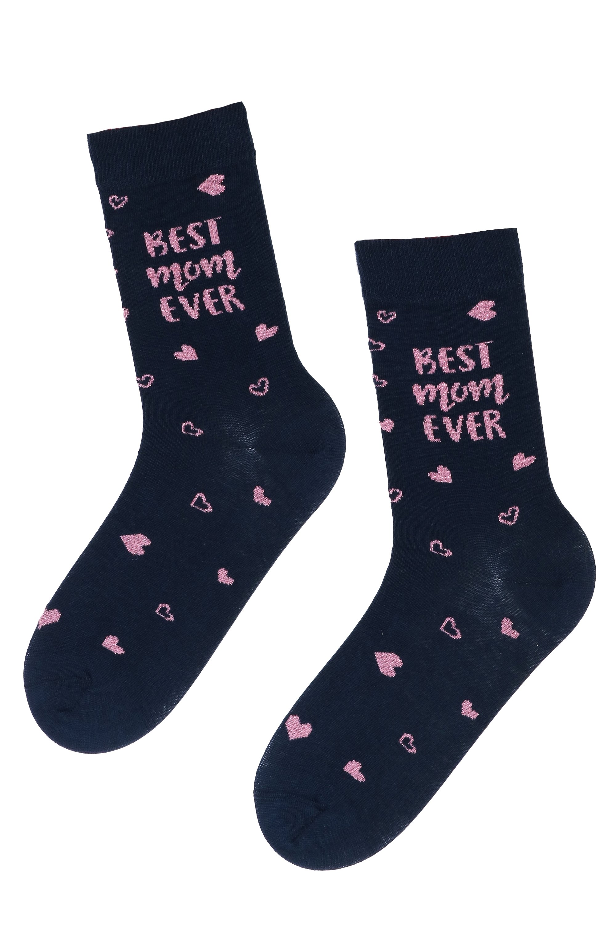 A pair of marine blue cotton socks with the slogan 'BEST MOM EVER' printed on them, perfect for Mother's Day gifts.