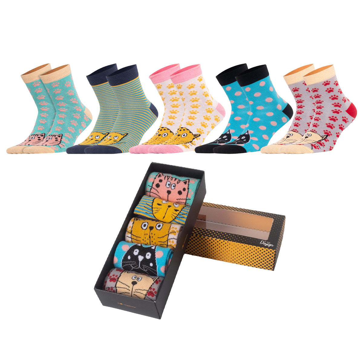 Biggdesign Cats Damen Socken Set mit bunten Designs, 5 Paar Socken in Größe 36-40, ideal für jeden Anlass.