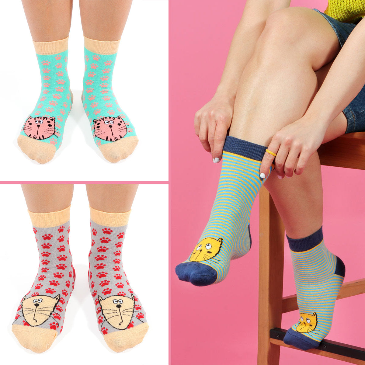 Biggdesign Cats Damen Socken Set mit bunten Designs, 5 Paar Socken in Größe 36-40, ideal für jeden Anlass.