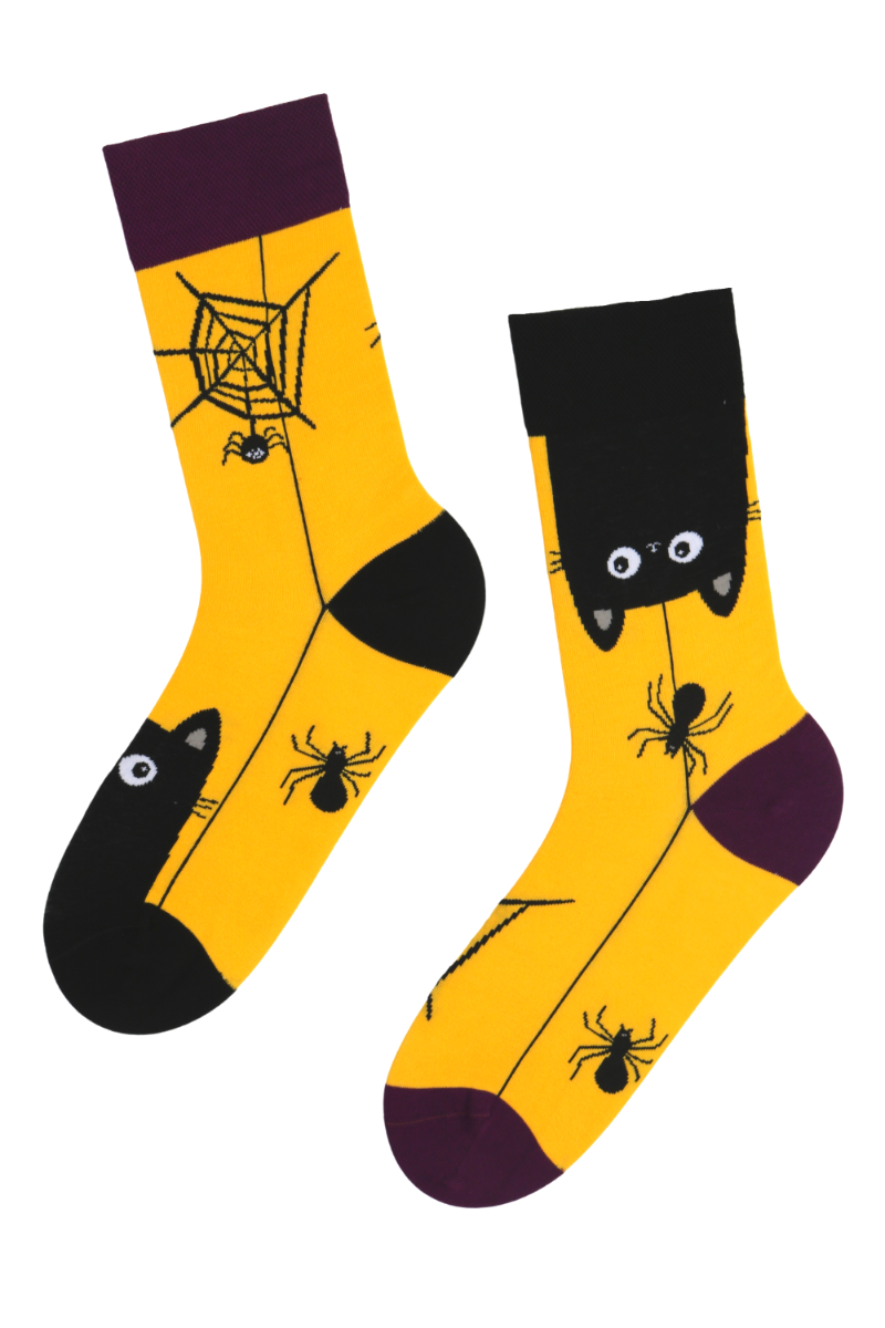 A pair of Halloween socks featuring a playful black cat design and a spider, set against a vibrant yellow background.