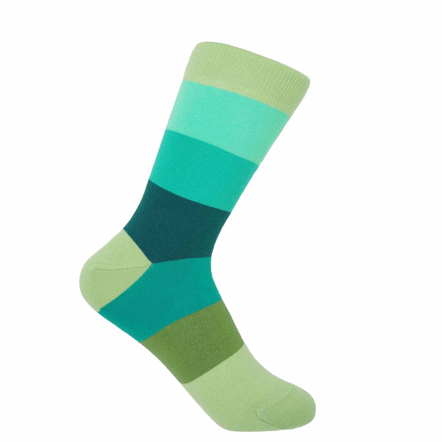 Earth Block Stripe women's socks featuring vibrant green stripes, made from luxurious Supima cotton.