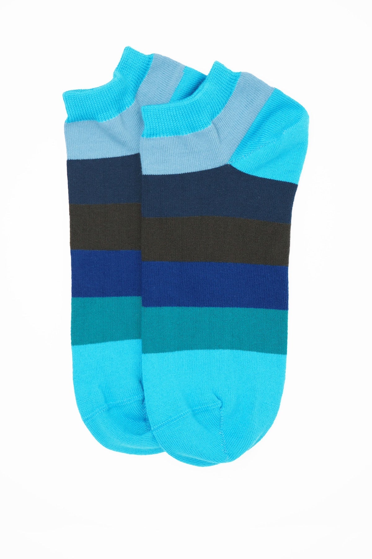 Aqua Block Stripe Women's Trainer Socks featuring bold blue stripes, made from luxurious Supima cotton, perfect for summer outfits.