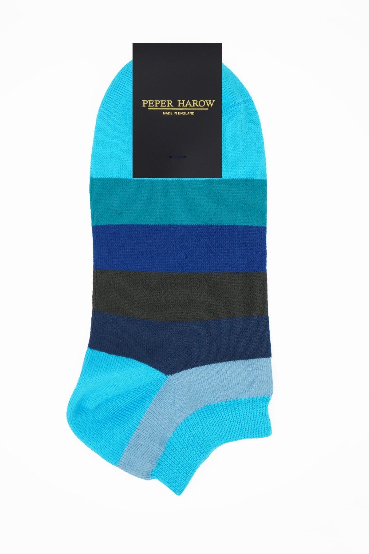 Aqua Block Stripe Women's Trainer Socks featuring bold blue stripes, made from luxurious Supima cotton, perfect for summer outfits.