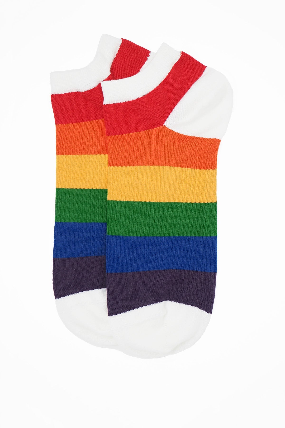 Colorful Block Stripe Women's Trainer Socks in Rainbow, showcasing vibrant stripes on a white background, perfect for summer outfits.