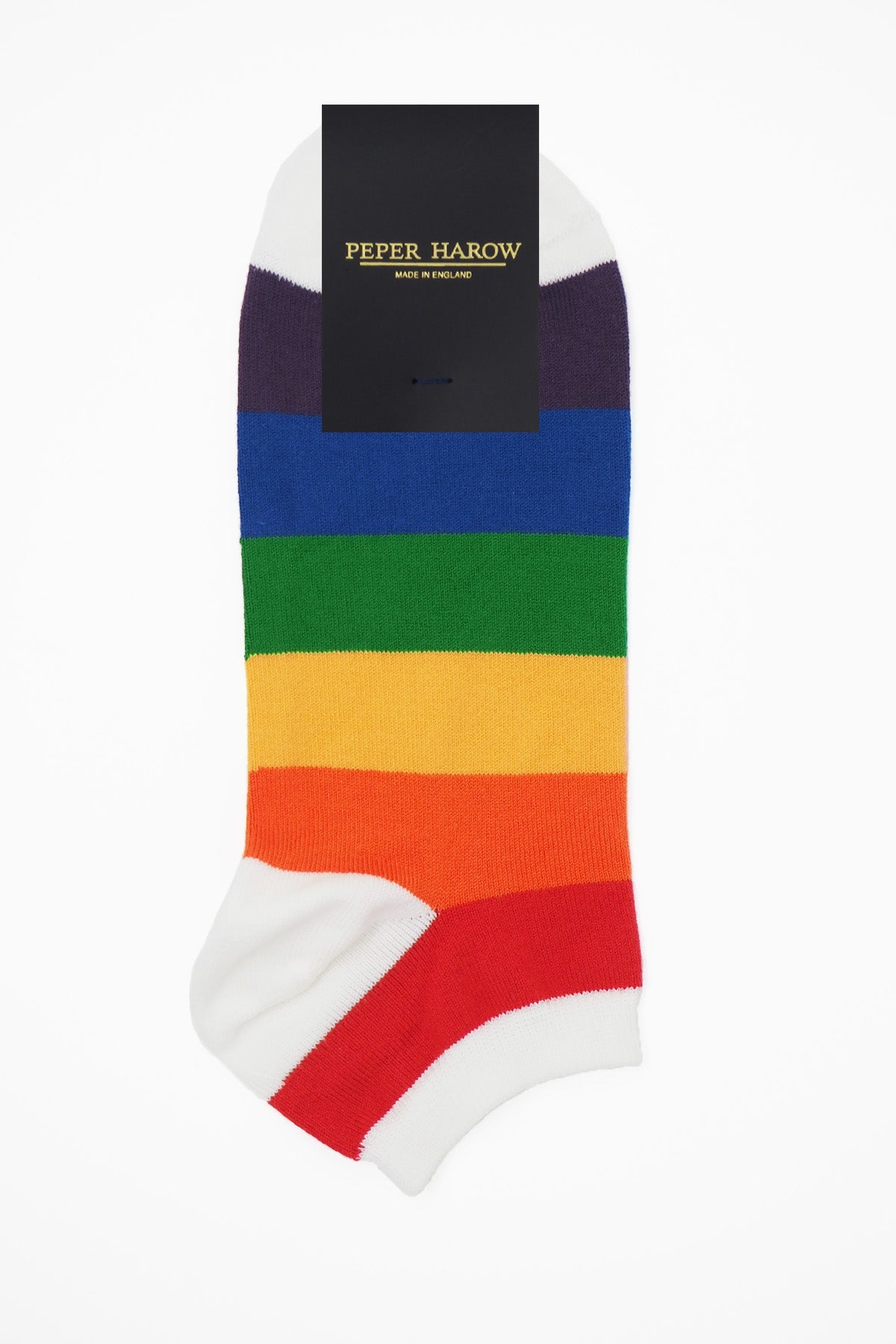 Colorful Block Stripe Women's Trainer Socks in Rainbow, showcasing vibrant stripes on a white background, perfect for summer outfits.