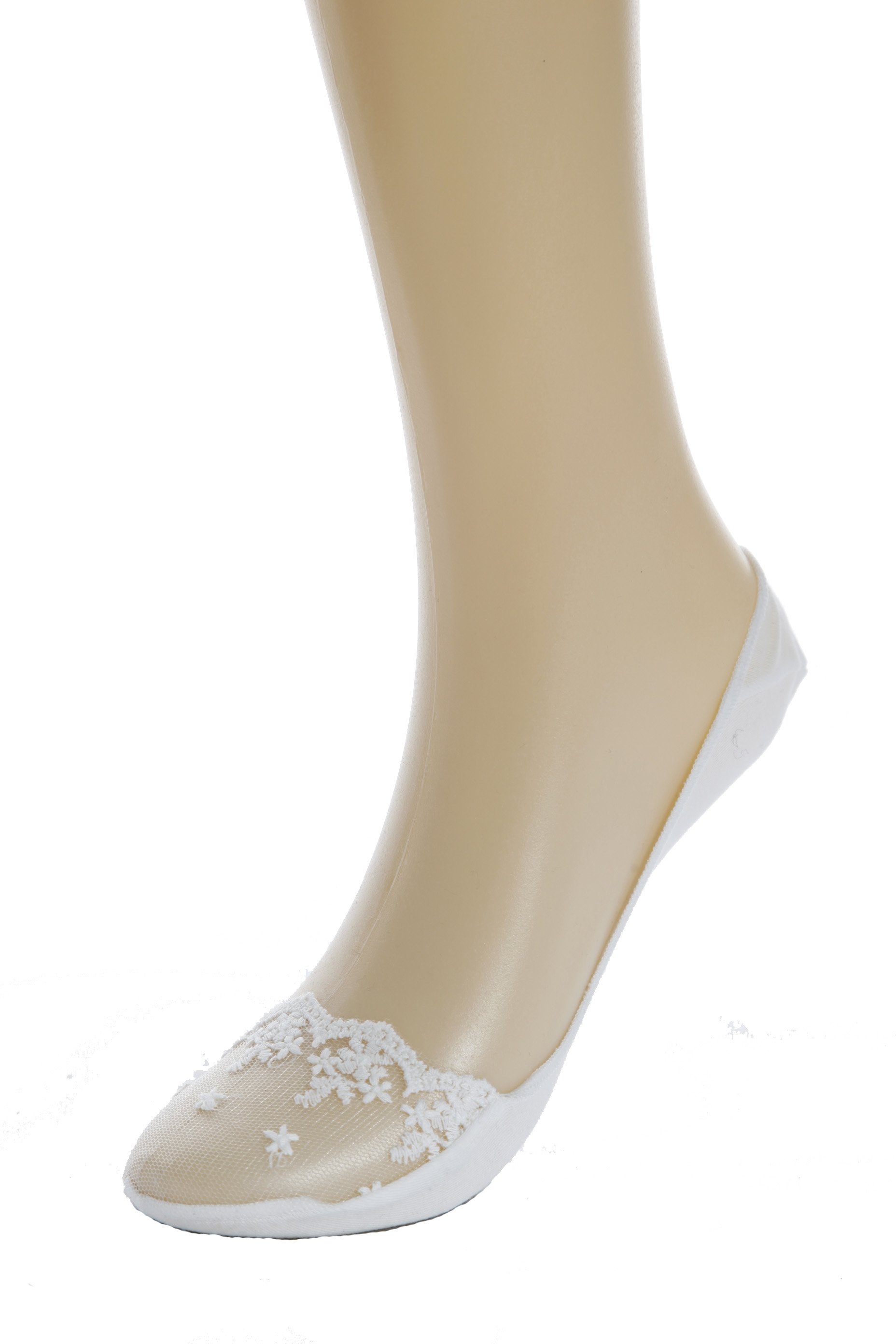 BOSTON white sheer footies for women featuring floral lace and non-slip silicone grips, perfect for stylish comfort.