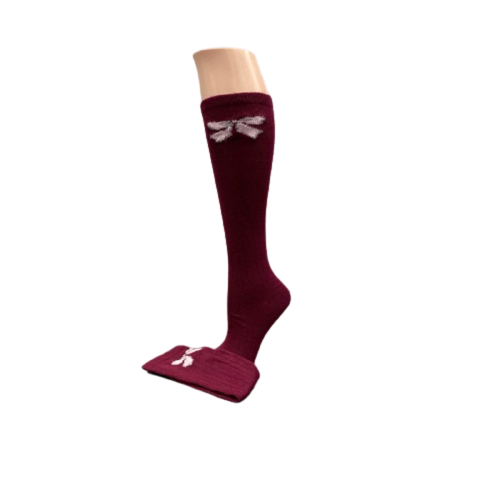 A pair of Bow Pattern Hi-Bulk Acrylic Knee-Hi Women's Socks featuring a stylish bow design, made from soft acrylic fiber.