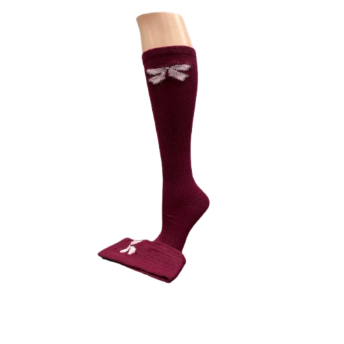 A pair of Bow Pattern Hi-Bulk Acrylic Knee-Hi Women's Socks featuring a stylish bow design, made from soft acrylic fiber.