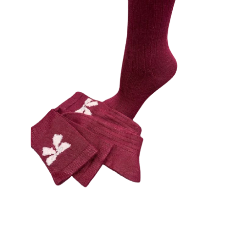 A pair of Bow Pattern Hi-Bulk Acrylic Knee-Hi Women's Socks featuring a stylish bow design, made from soft acrylic fiber.