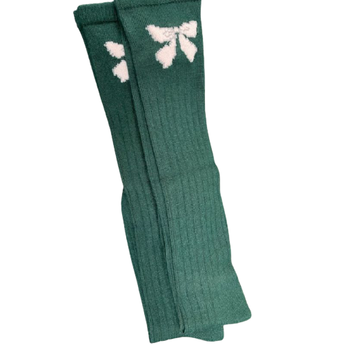 A pair of Bow Pattern Hi-Bulk Acrylic Knee-Hi Women's Socks featuring a stylish bow design, made from soft acrylic fiber.