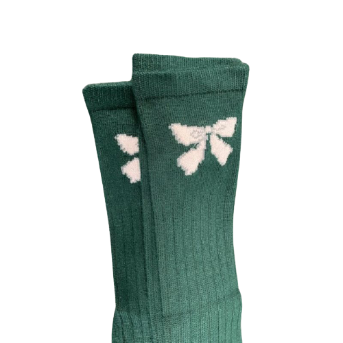 A pair of Bow Pattern Hi-Bulk Acrylic Knee-Hi Women's Socks featuring a stylish bow design, made from soft acrylic fiber.