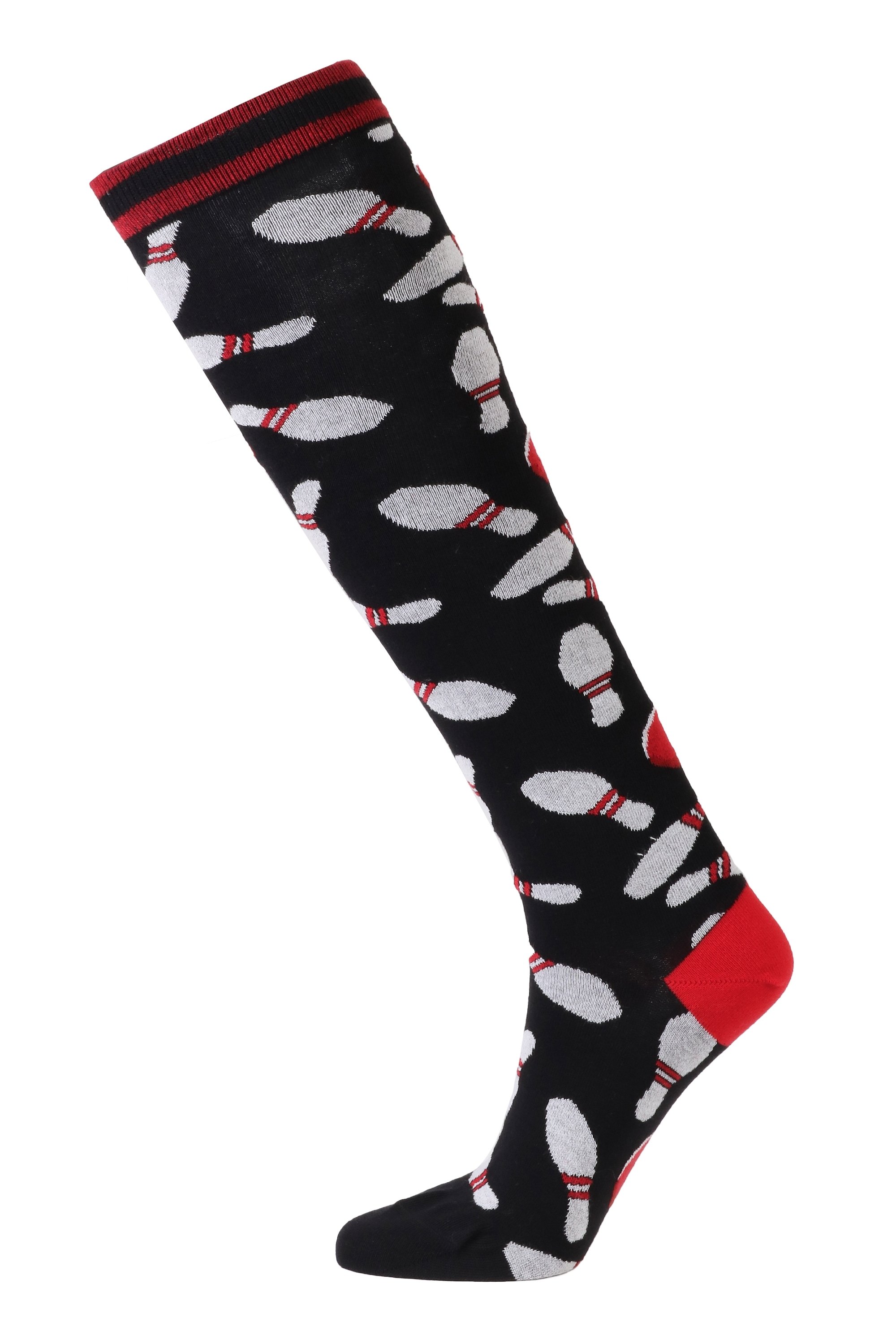 Black knee-high socks with bowling-themed designs, featuring bowling balls and clubs, suitable for men and women.