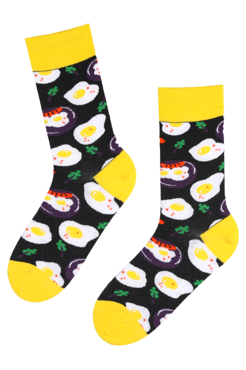 Colorful cotton socks with a fun breakfast food pattern, featuring eggs and sausages.